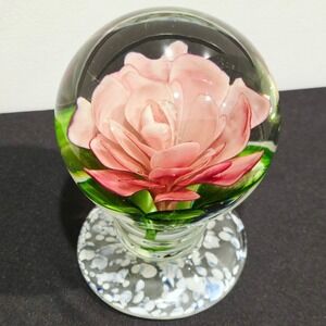 Vintage Pedestal Pink Rose Glass Paperweight Home Decor